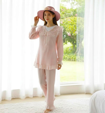 Blush Pink Lace-Trim Cotton Night Dress Set