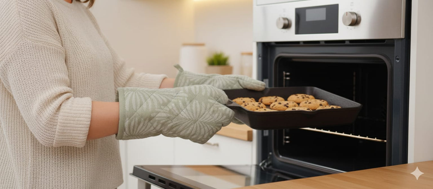 Sage Green Leaf Pattern Quilted Oven Gloves – Heat Resistant Kitchen Mitts (Set of 2)