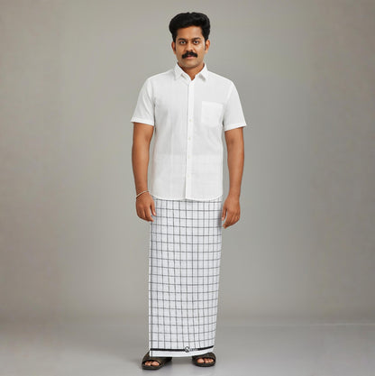 Men’s White Checked Cotton Lungie | Traditional South Indian Wear