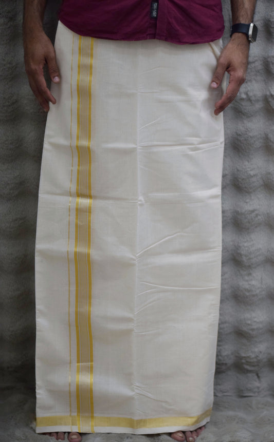 Traditional White Cotton Dhoti with Golden Border – Men's Ethnic Wear