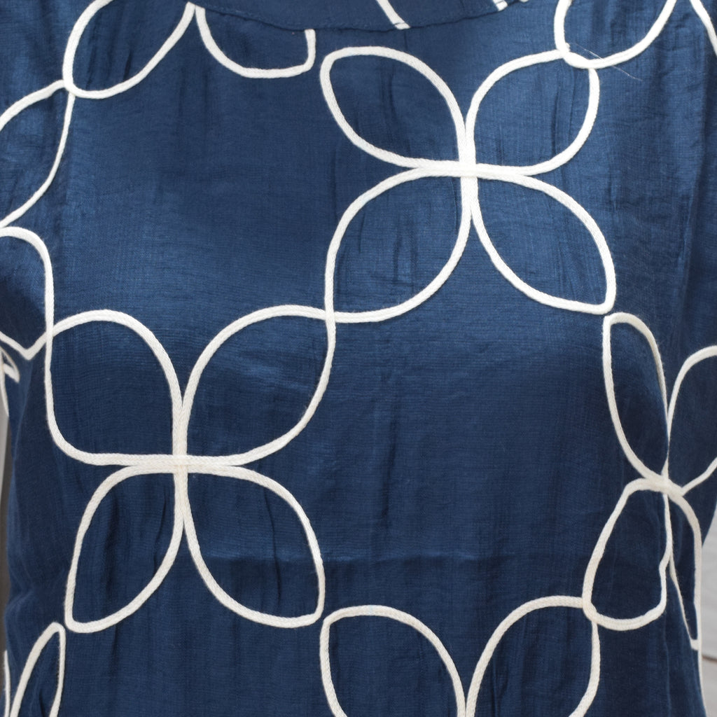 Navy Blue Cotton Co-ord Set with White Floral Geometric Print – Sleeveless Kurta &Straight-leg (Semi palazzo) Pant