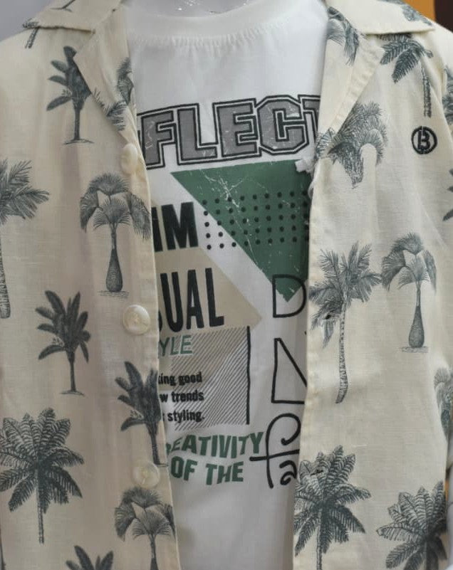🧸 Tropical Vibe Kids Casual Shirt & T-Shirt Set – Palm Tree Print
