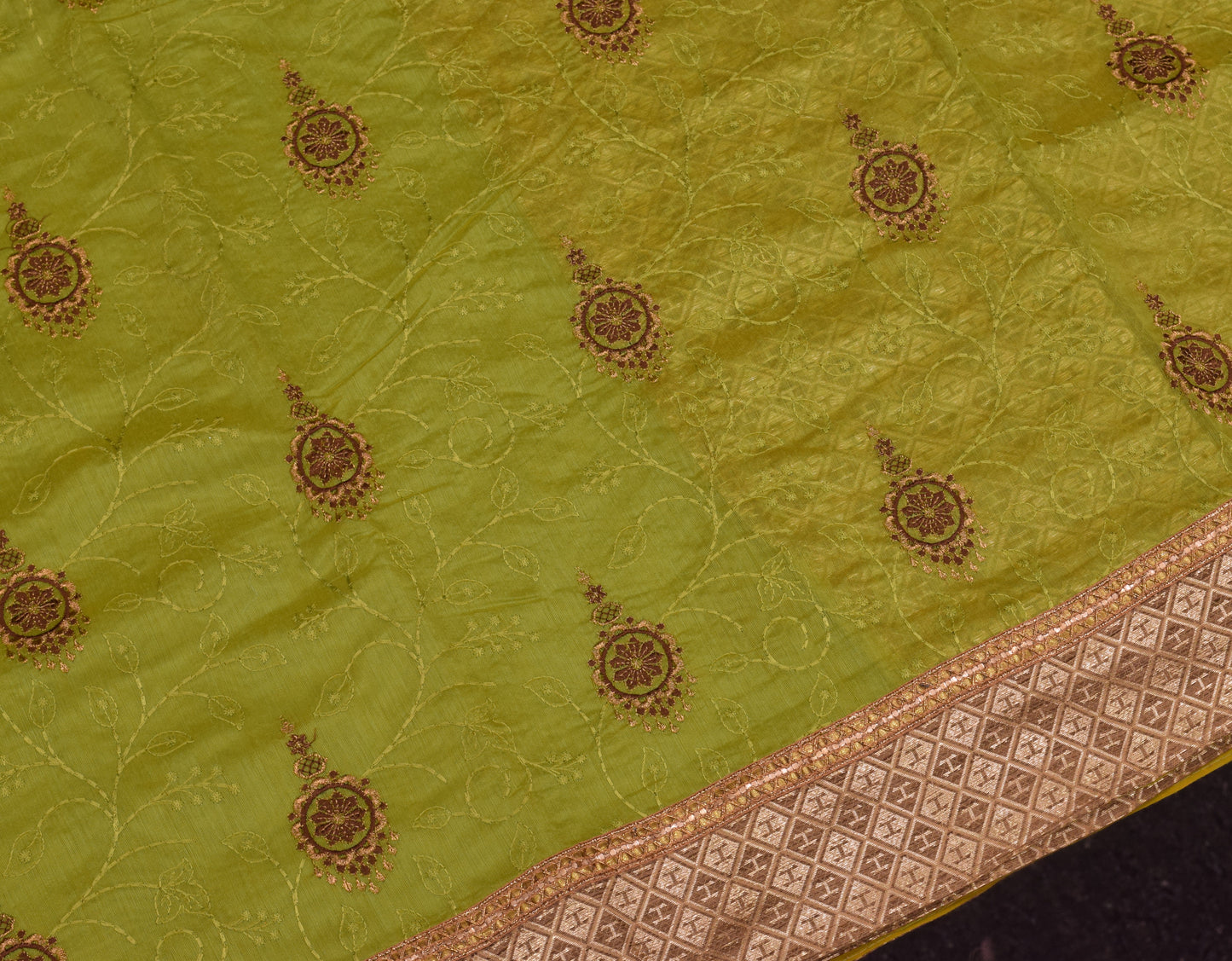 Elegant Lime Green Cotton Silk Saree with Golden Zari Border & Embroidery