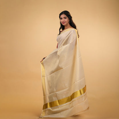 Elegant Kerala Golden Tissue Kasavu Saree with Golden Zari Border