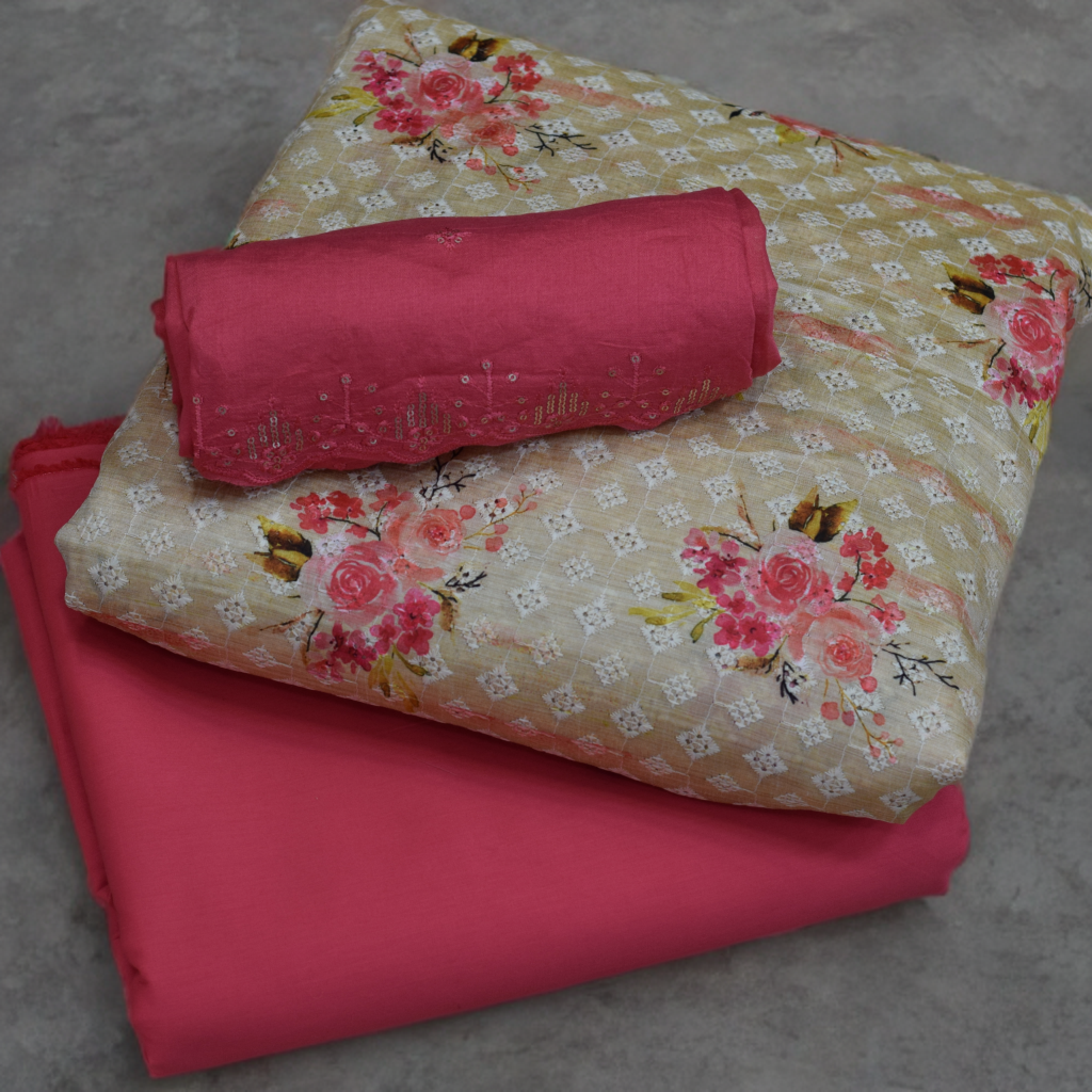 Elegant Floral Printed Unstitched Dress Material Set – 3 Piece (Top, Bottom & Dupatta)