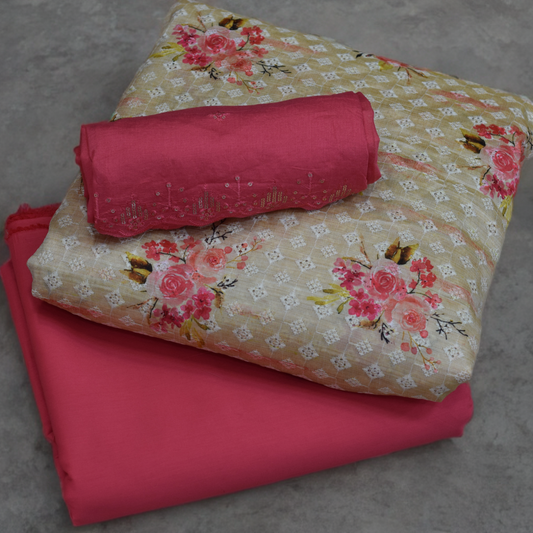 Elegant Floral Printed Unstitched Dress Material Set – 3 Piece (Top, Bottom & Dupatta)