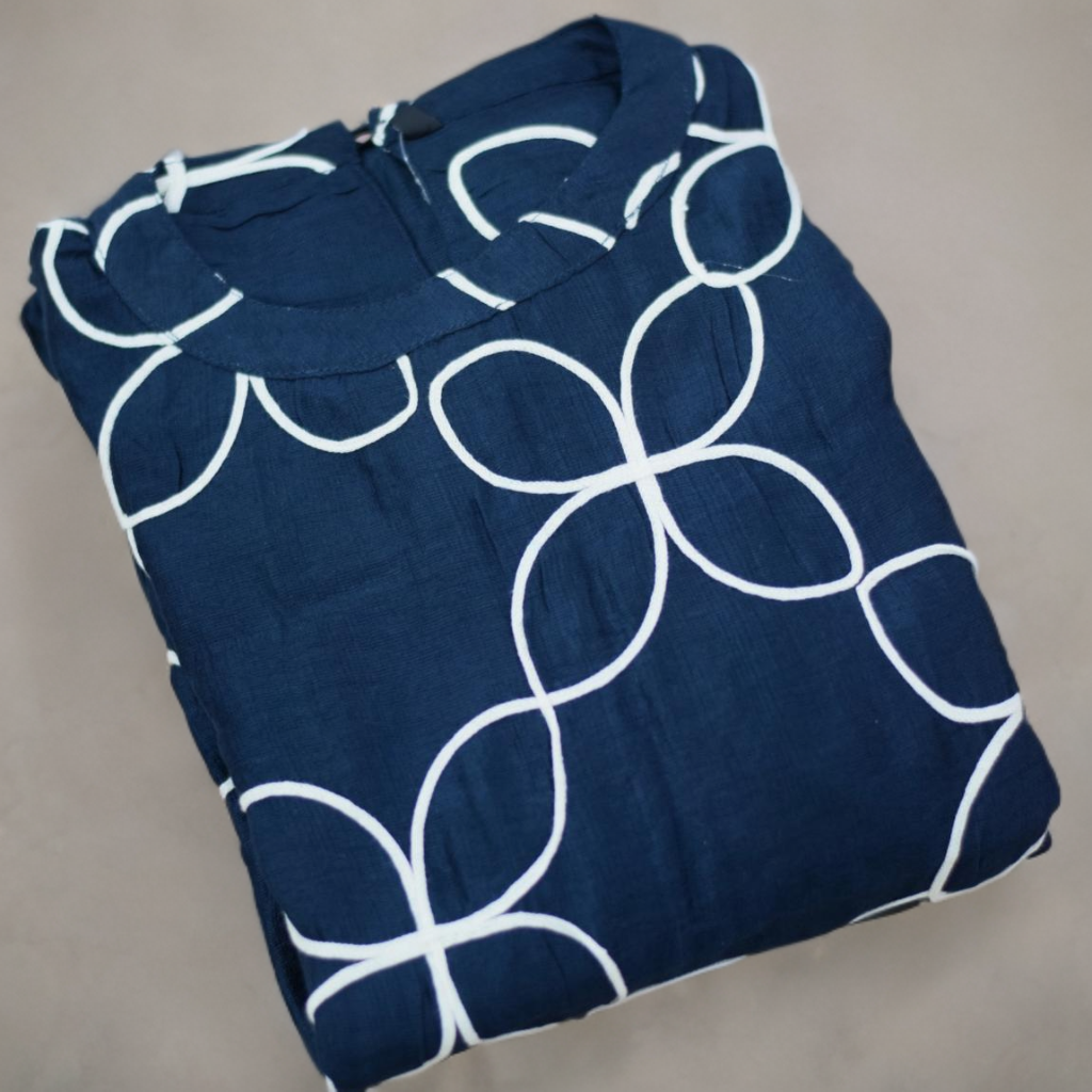 Navy Blue Cotton Co-ord Set with White Floral Geometric Print – Sleeveless Kurta &Straight-leg (Semi palazzo) Pant