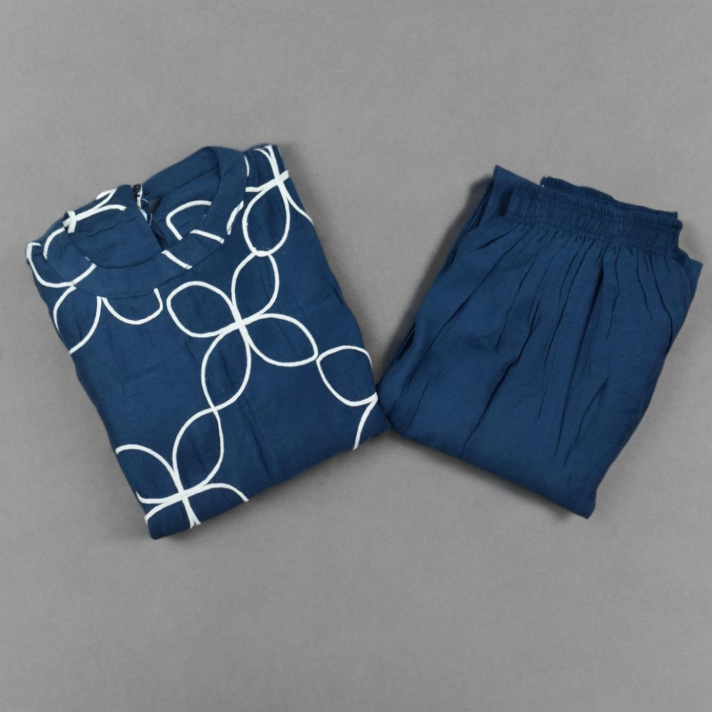 Navy Blue Cotton Co-ord Set with White Floral Geometric Print – Sleeveless Kurta &Straight-leg (Semi palazzo) Pant