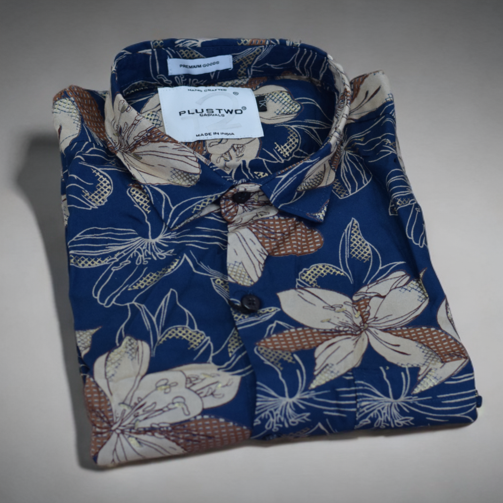 Men’s Navy Blue Floral Printed Rayon Shirt – Casual Wear