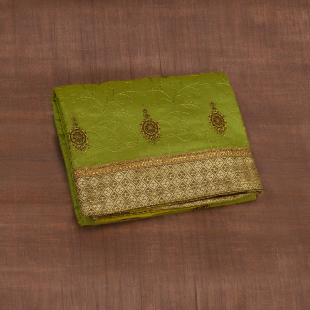 Elegant Lime Green Cotton Silk Saree with Golden Zari Border & Embroidery