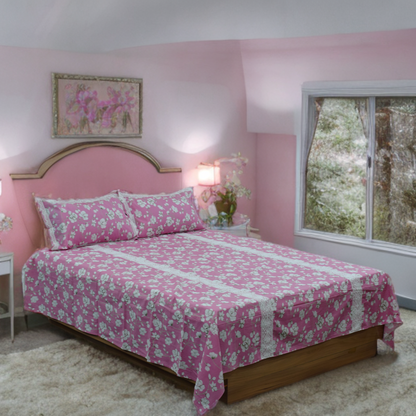 Pink Floral Cotton King Size Bedsheet with Pillow Covers