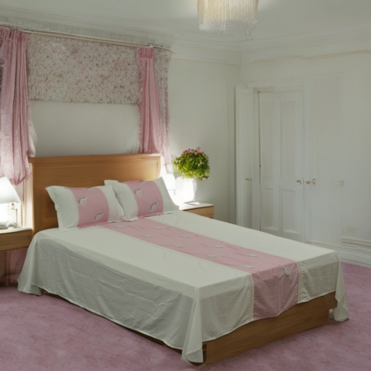 Elegant Pink Bird Motif King Size Bed Sheet Set – Soft Cotton Finish