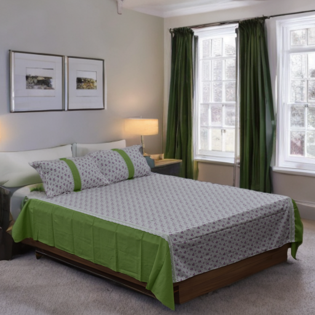 Green Border Floral Cotton King Size Bedsheet with Pillow Covers