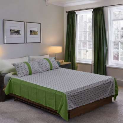 Green Border Floral Cotton King Size Bedsheet with Pillow Covers