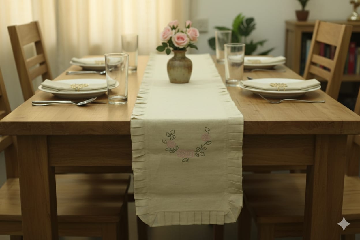 Elegant Embroidered Floral Table Runner with Pleated Border – 14x90 Inches