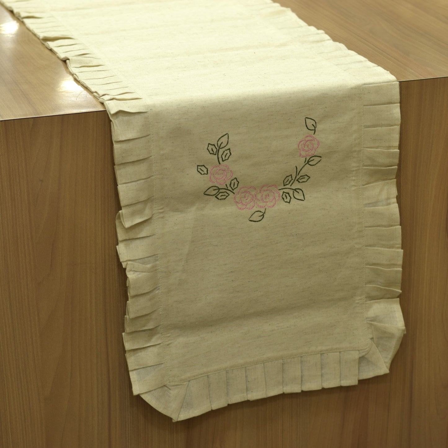 Elegant Embroidered Floral Table Runner with Pleated Border – 14x90 Inches