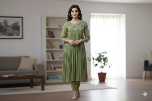 Elegant Olive Green Embroidered Churidar Top for Women