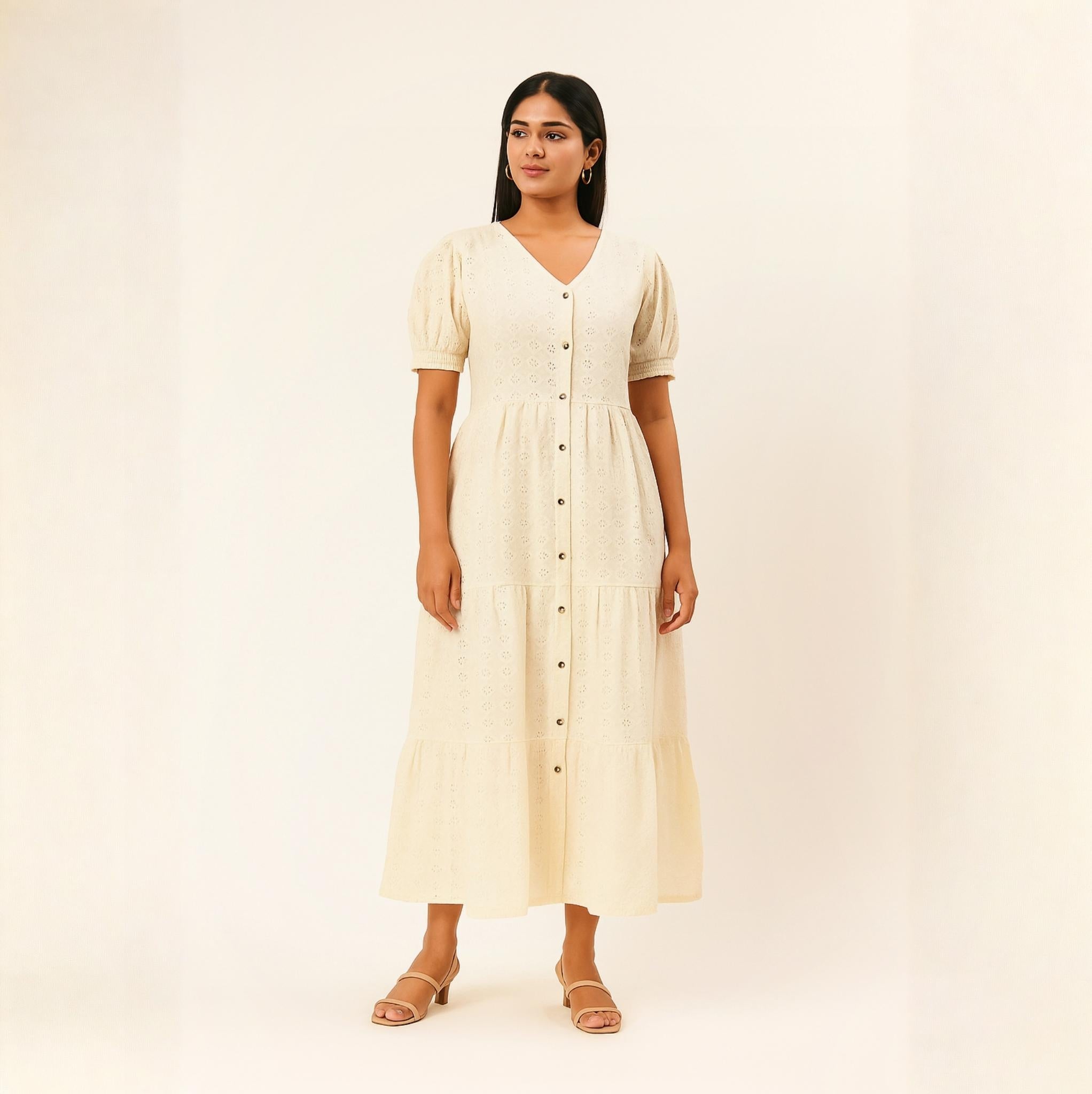 Elegant Cream Eyelet Midi Dress with Puff Sleeves
