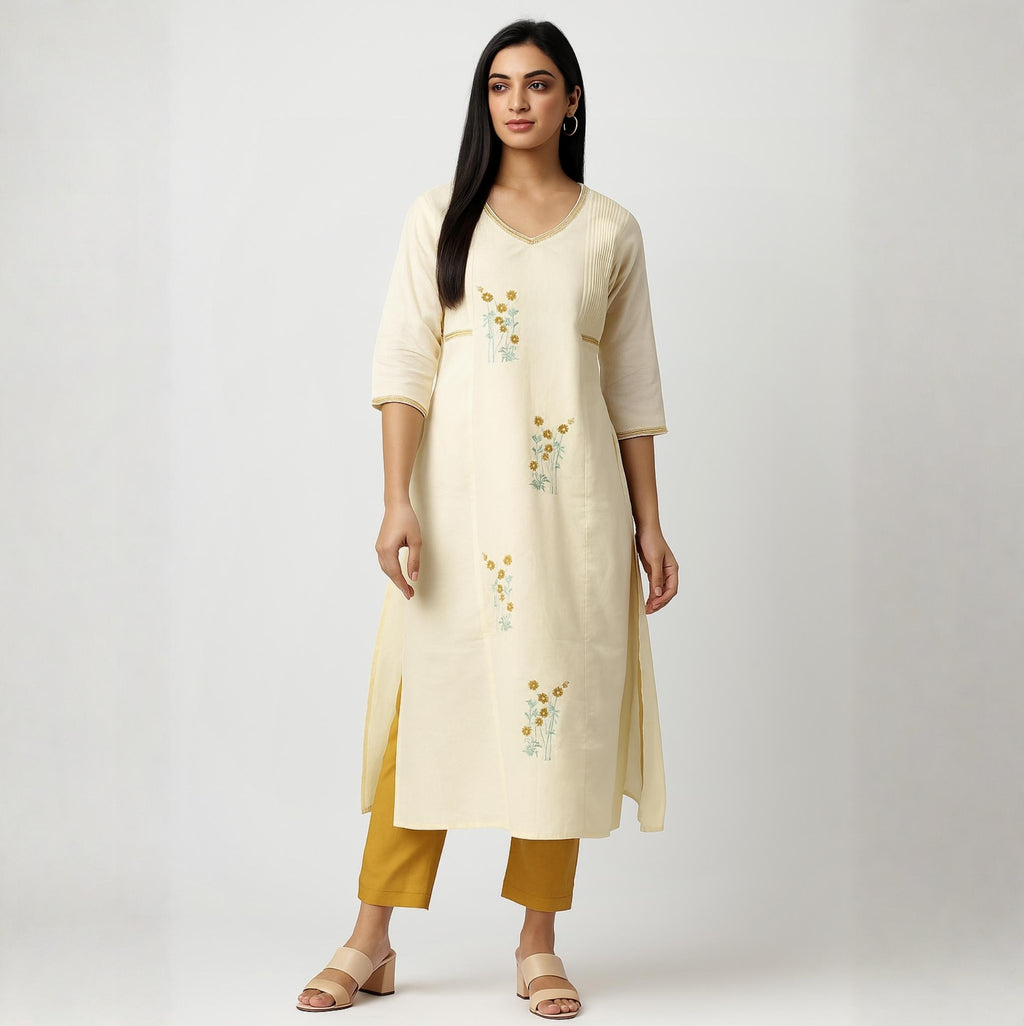 Elegant Cream Floral Embroidered Cotton Kurta