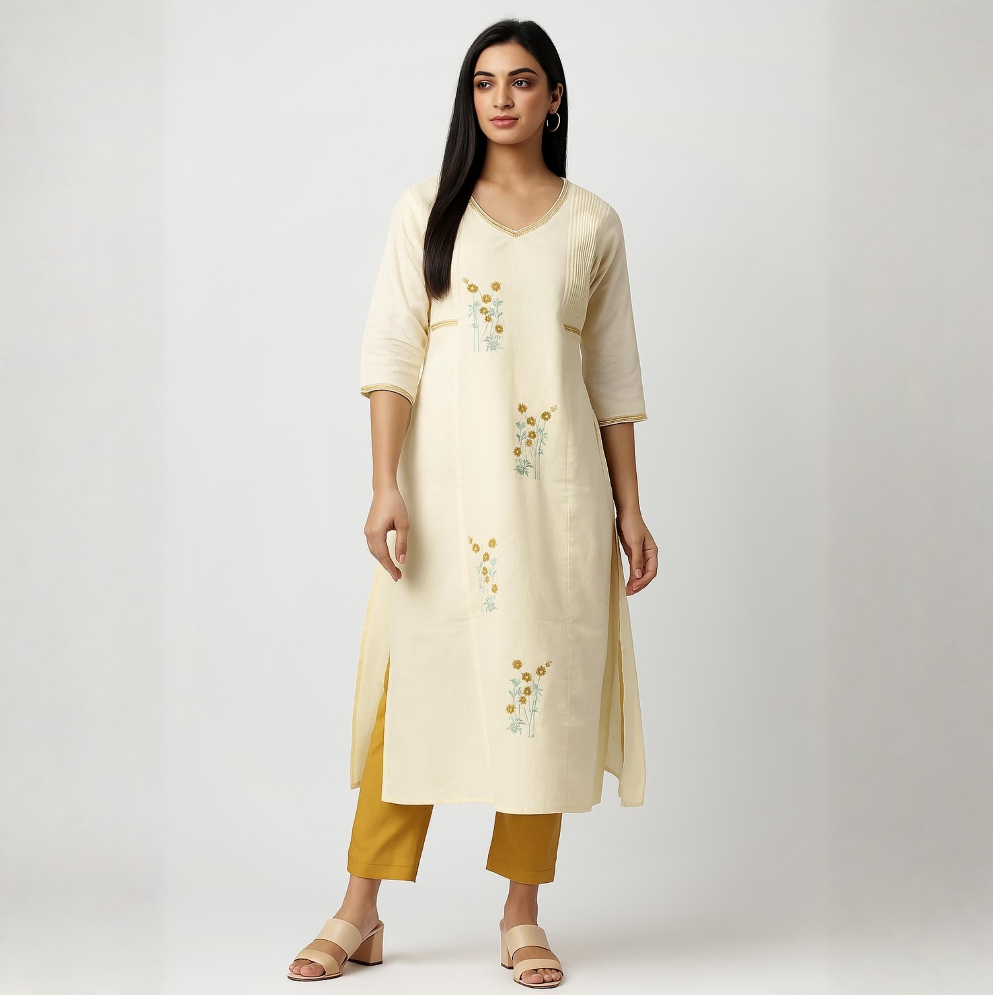 Elegant Cream Floral Embroidered Cotton Kurta