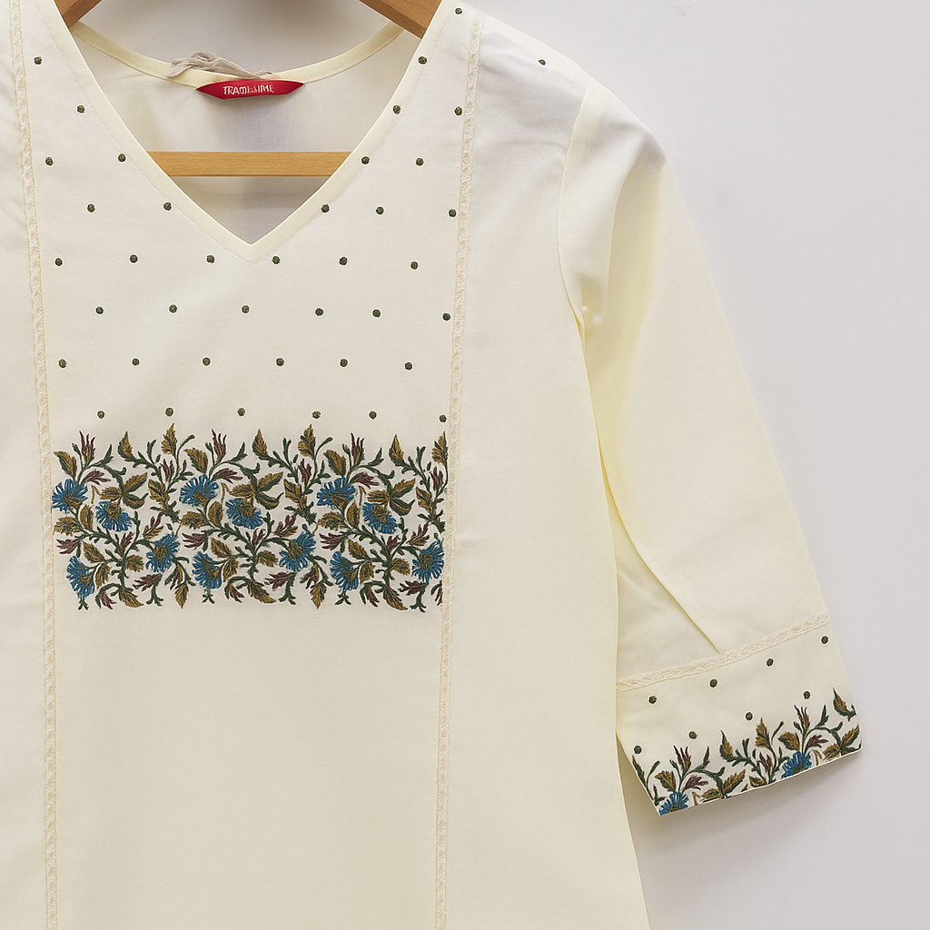 Elegant Cream Embroidered Cotton Kurti for Women