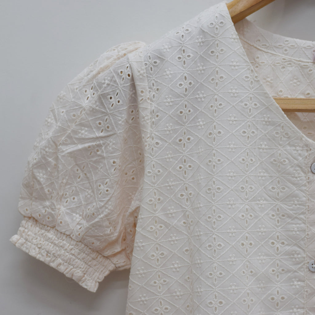 Elegant Cream Eyelet Midi Dress with Puff Sleeves