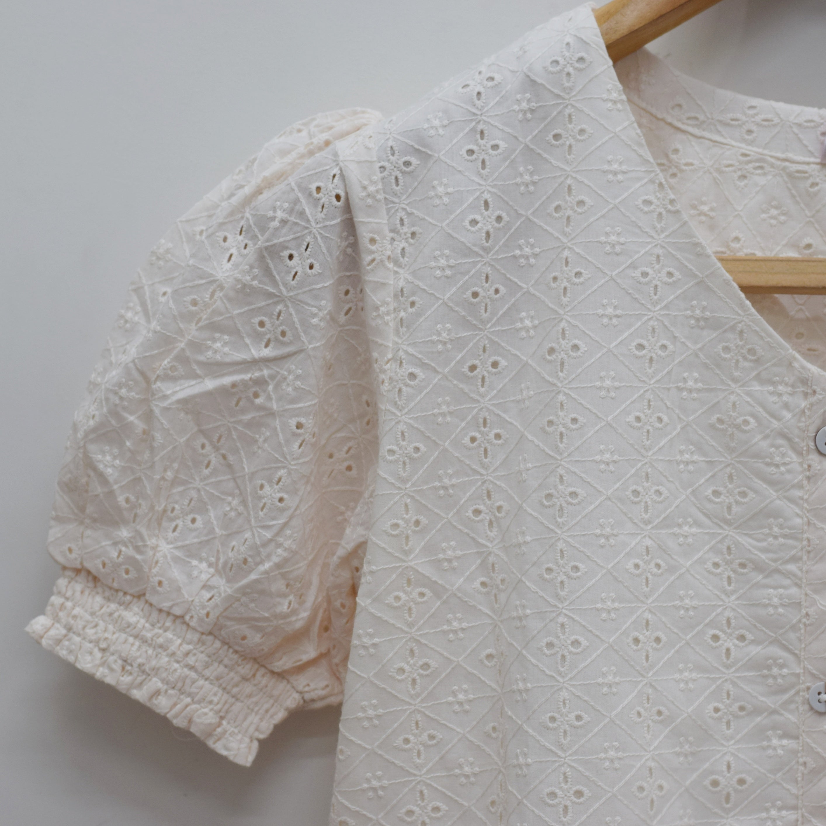 Elegant Cream Eyelet Midi Dress with Puff Sleeves