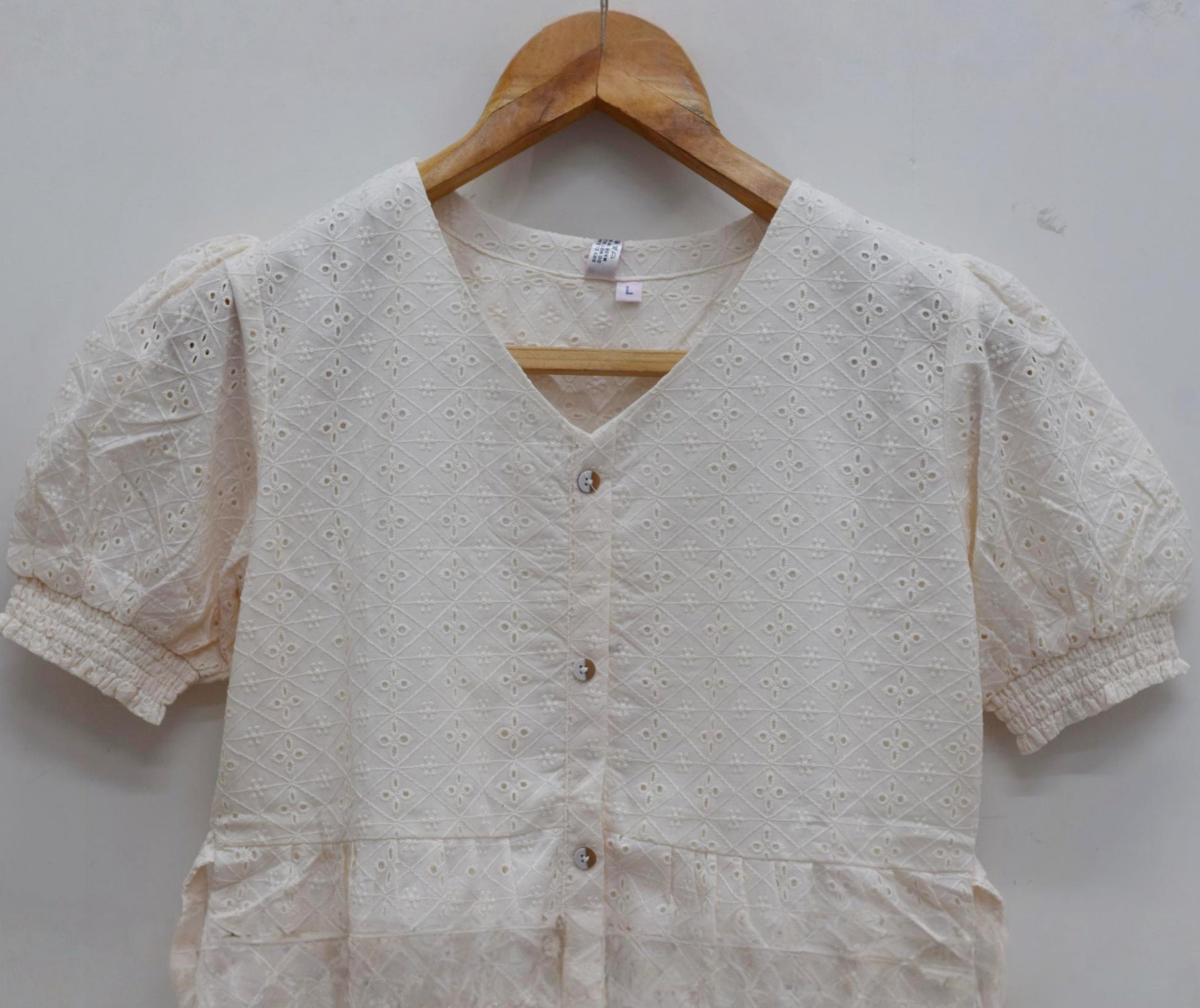 Elegant Cream Eyelet Midi Dress with Puff Sleeves