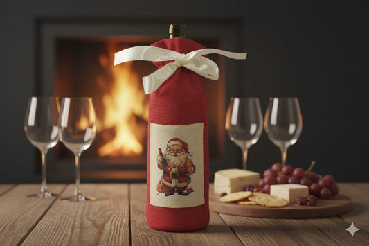 🎄 Santa Print Christmas Wine Bottle Cover – Festive Gift Bag with Ribbon Tie