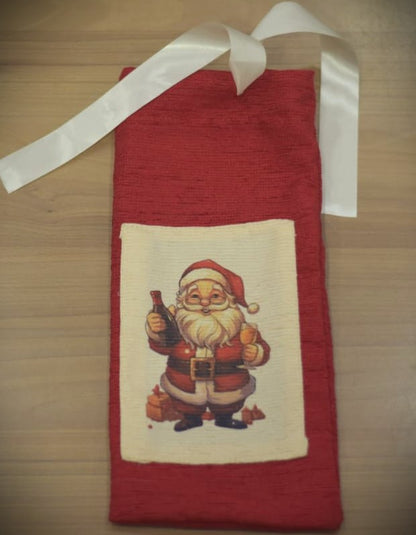 🎄 Santa Print Christmas Wine Bottle Cover – Festive Gift Bag with Ribbon Tie