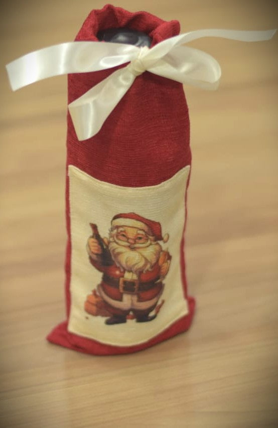 🎄 Santa Print Christmas Wine Bottle Cover – Festive Gift Bag with Ribbon Tie