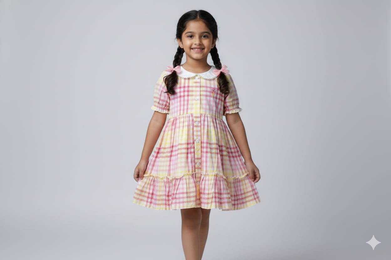 Girls Pink &Yellow Checkered Cotton Frock with Peter Pan Collar