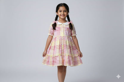 Girls Pink &Yellow Checkered Cotton Frock with Peter Pan Collar