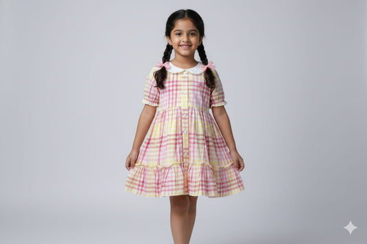 Girls Pink &Yellow Checkered Cotton Frock with Peter Pan Collar