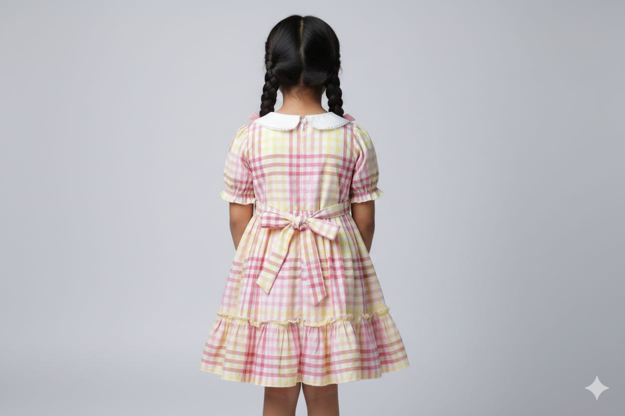 Girls Pink &Yellow Checkered Cotton Frock with Peter Pan Collar