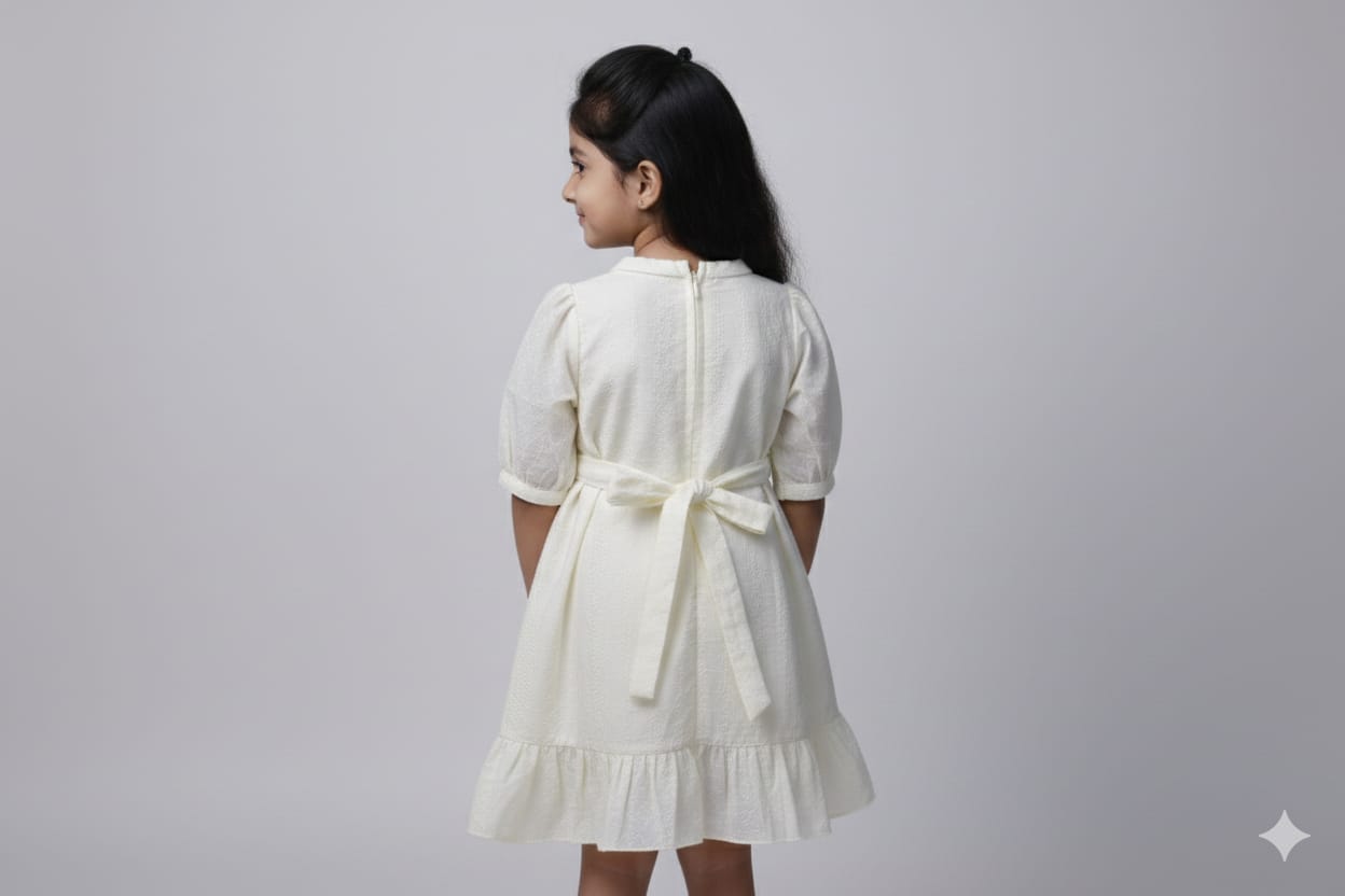 Cream Embroidered Cotton Kids Frock with Bow Tie Back
