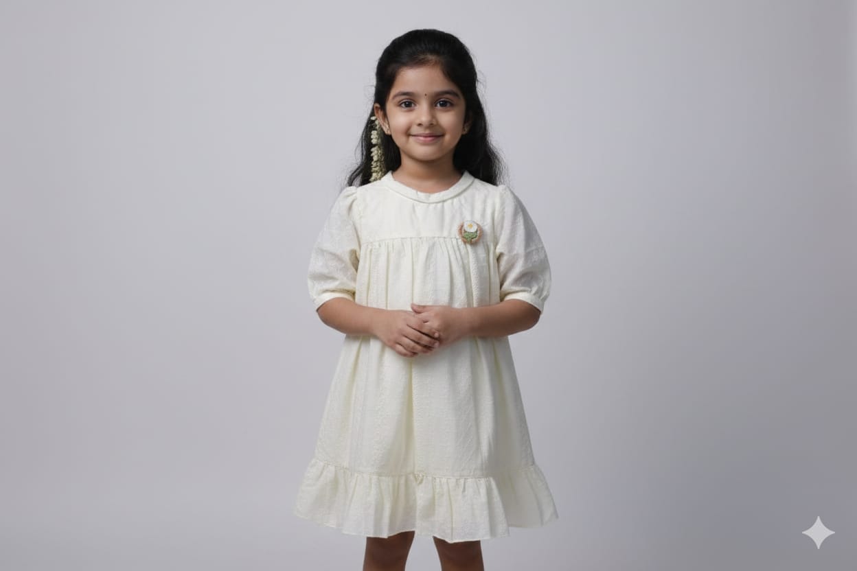 Cream Embroidered Cotton Kids Frock with Bow Tie Back