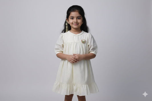 Cream Embroidered Cotton Kids Frock with Bow Tie Back
