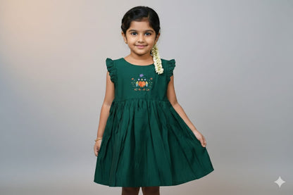 Girls Green Cotton Frock with Embroidered Bird Design & Waist Tie
