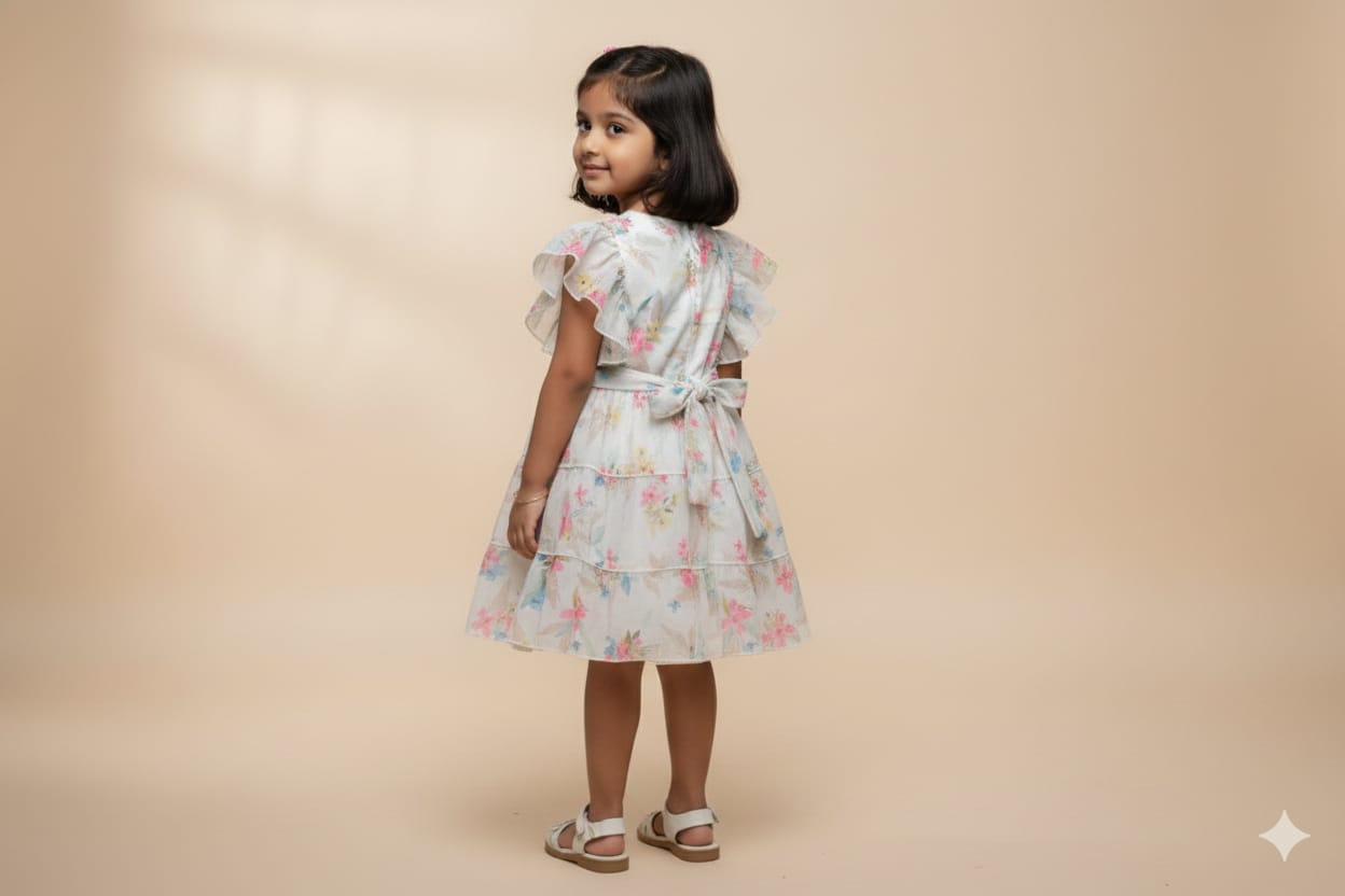 Girls Floral Ruffle Party Frock with Butterfly Sleeves