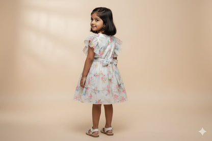 Girls Floral Ruffle Party Frock with Butterfly Sleeves