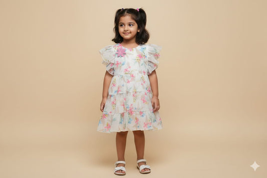 Girls Floral Ruffle Party Frock with Butterfly Sleeves