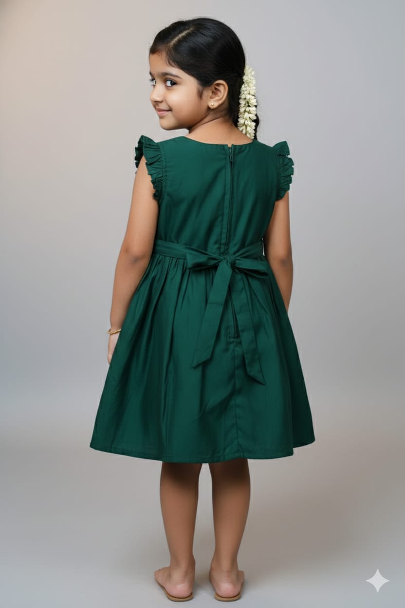 Girls Green Cotton Frock with Embroidered Bird Design & Waist Tie