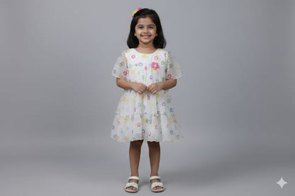 Kids White Floral Net Party Frock with Ruffle Layers