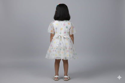 Kids White Floral Net Party Frock with Ruffle Layers