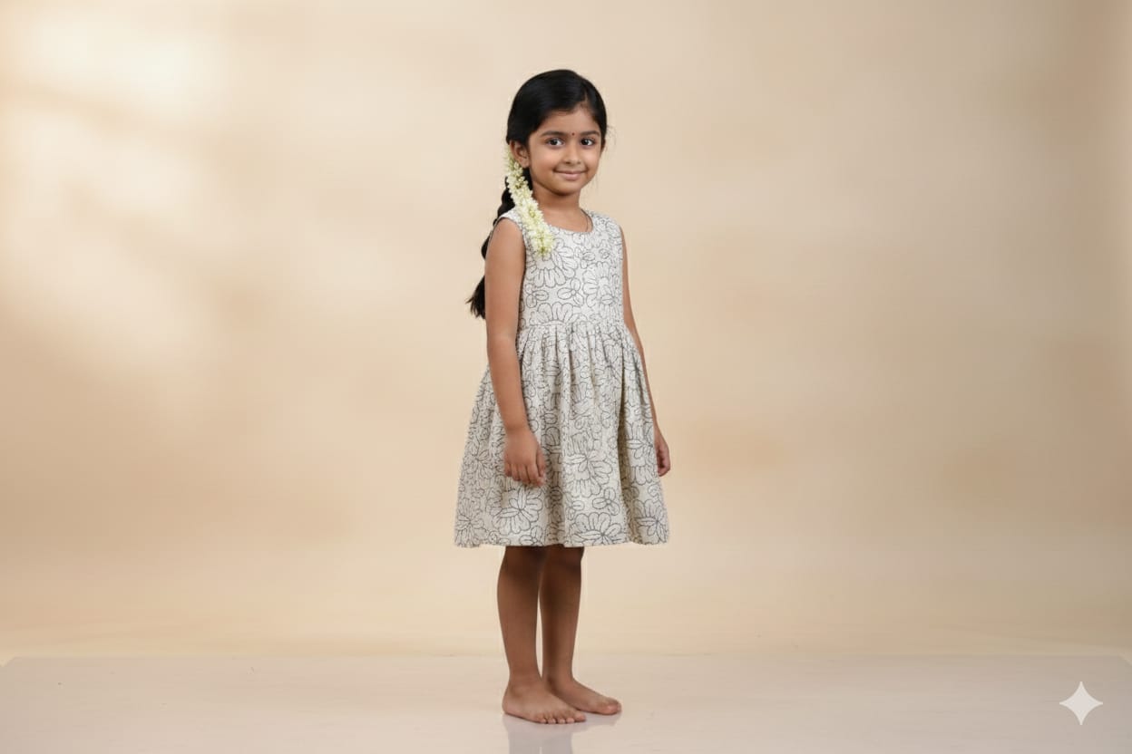 Girls Floral Printed Cotton Frock – Sleeveless Party &Casual Dress