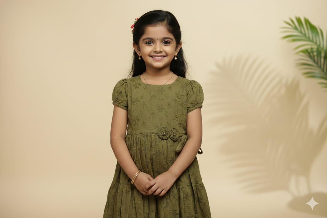 Olive Green Floral Printed Girls Frock with Waist Flower Detail