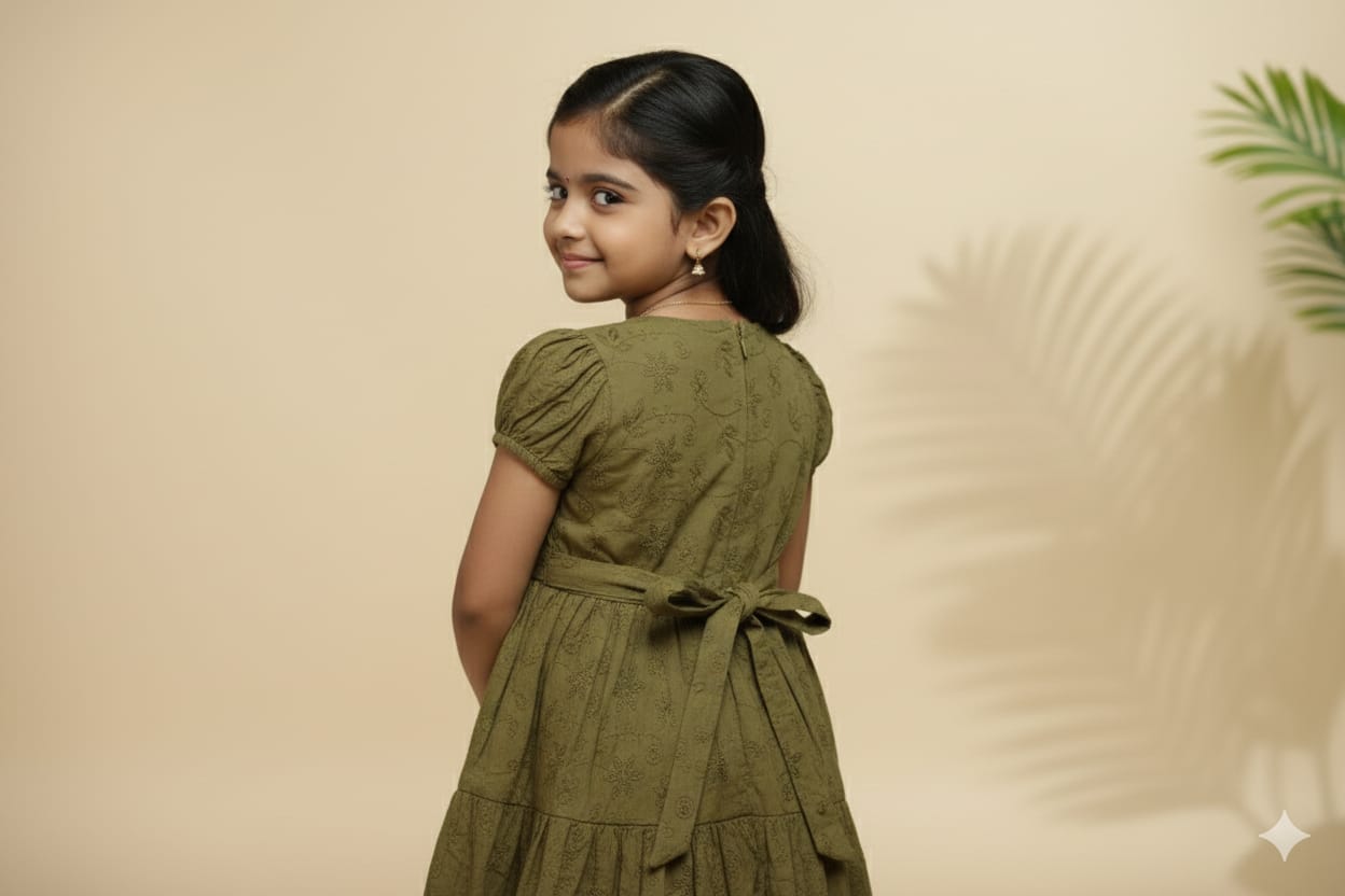 Olive Green Floral Printed Girls Frock with Waist Flower Detail