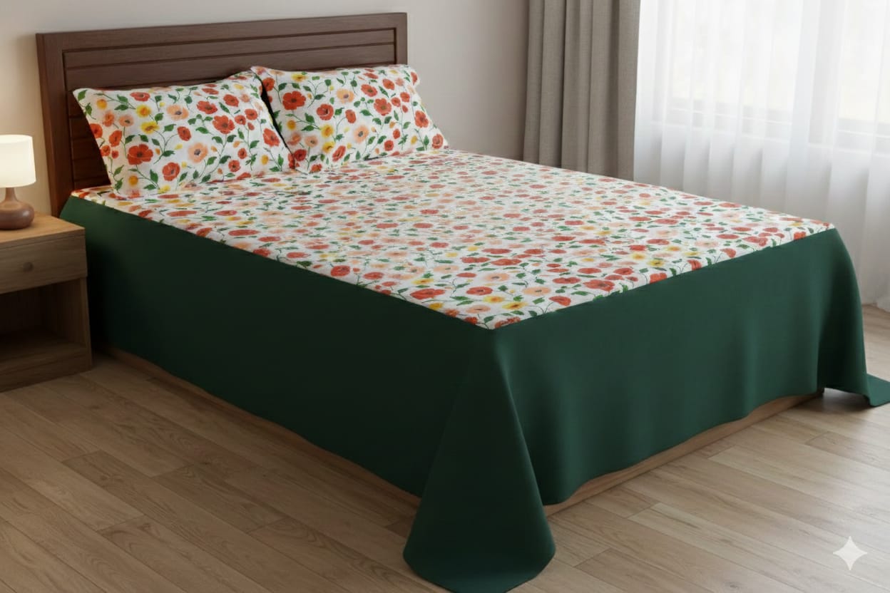 King Size Floral Cotton Bedspread with Solid Green Border