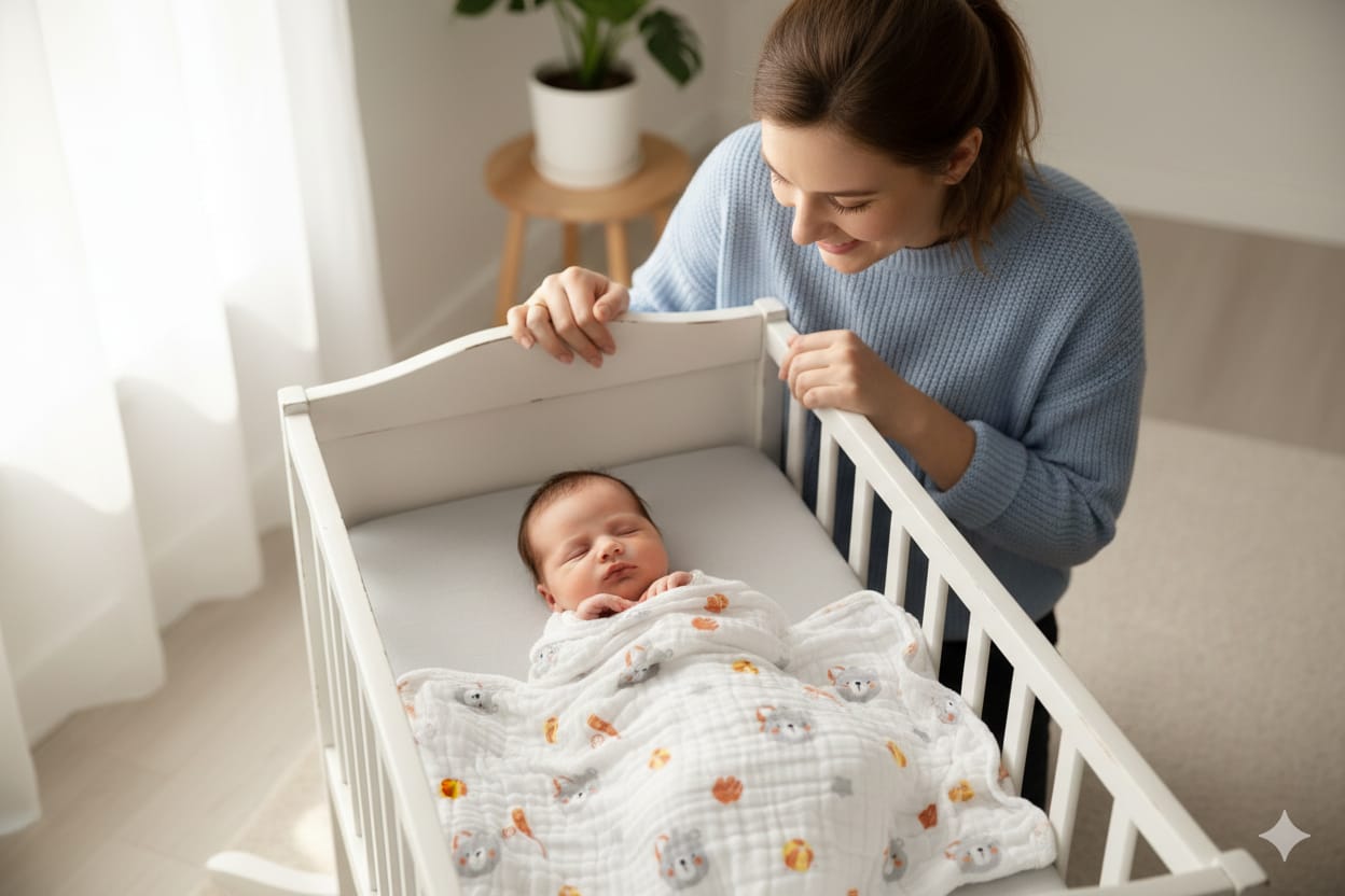 Soft Muslin Baby Swaddle Cloth (1m x 1m) – Breathable & Gentle Newborn Wrap with Cute Bear Print